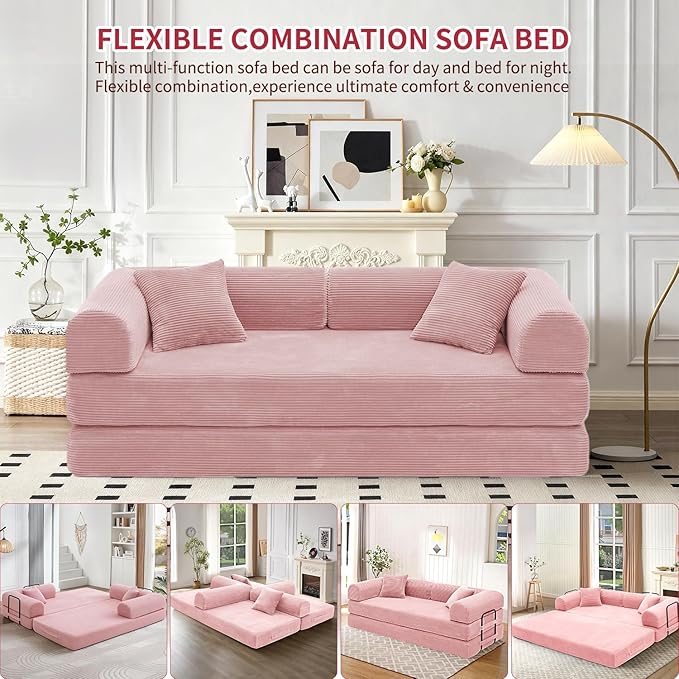 Convertible Sleeper Sofa Bed 1600lbs Weight Capacity Floor Sofa Bed with Fixed-Shape Frame Corduroy Foldable Couch for Small Space Lounge Mattress for Living Room Apartment Game Room (Pink)
