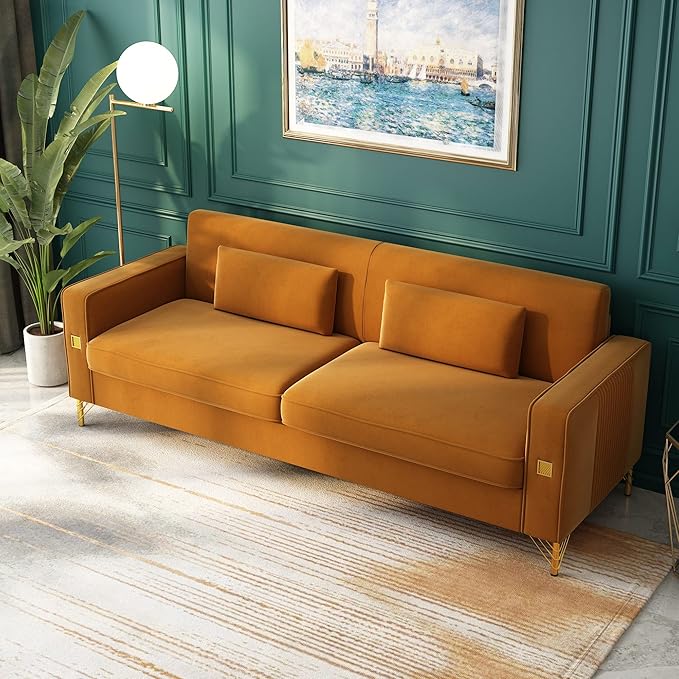 85 Velvet SofaMid-Century Modern Chesterfield 3 Seat Comfy Couch with Pillows Set of 2 for Living RoomBedroomApartment Furniture with Gold Metal Legs (P18-Orange)