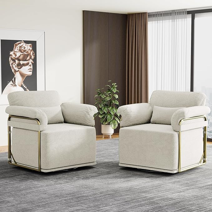 J.M.Deco Swivel Accent Sofa Chair Velvet Upholstered Reading Chair &amp Comfortable Armchair for Living Room Bedroom Reading Room Office (Square Seat * White)