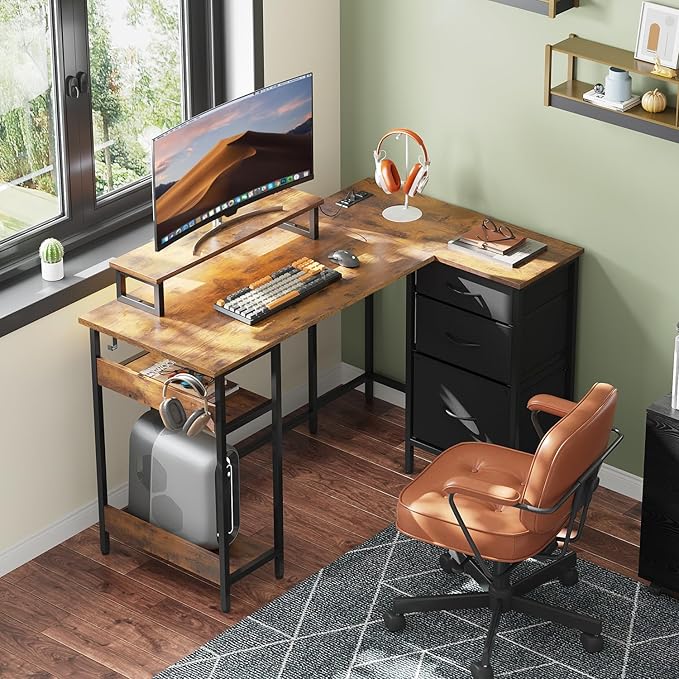 DEVAISE L Shaped Desk with Drawers and Storage L Shaped Office Desk with Power Outlets CPU Stand Monitor Stand Gaming Table with LED Light Corner Desk for Home Office (Rustic Brown 48*31 Inch)