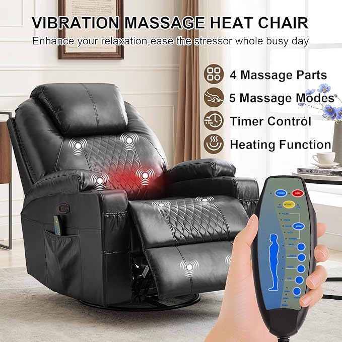 Power Swivel Rocker Recliner Chair for Adults with Heat and Massage LED Lights USB-A and USB-C Ports Electric Glider Recliner Nursery Chair for Living Room (Black Set of 2)