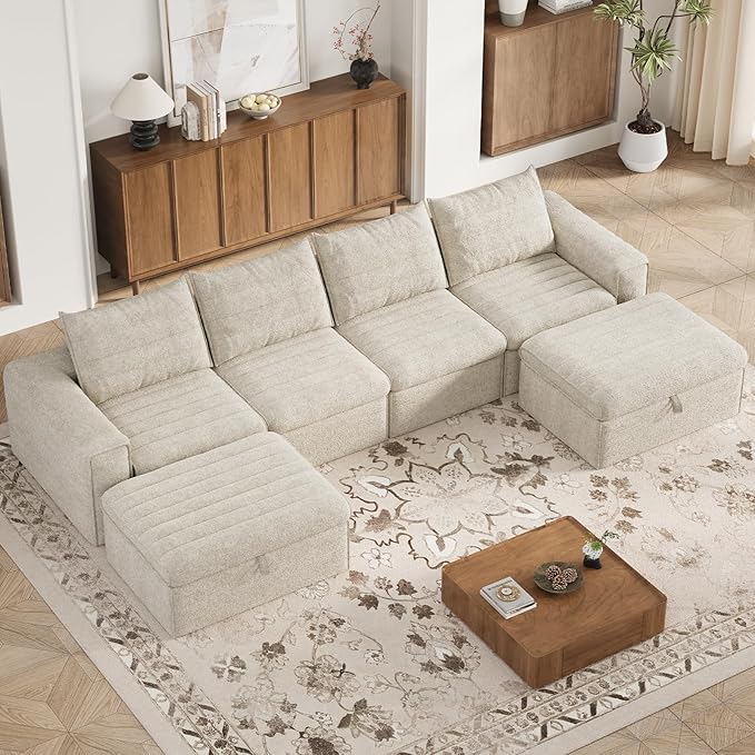 136 Modular Sectional Sofa with Deep Seat U-Shaped Cloud Couch for Living Room 4-Seater Boneless Sofa with 2 Ottomans Flexible Combination Modern Upholstery Sofa No Assembly Required Apricot