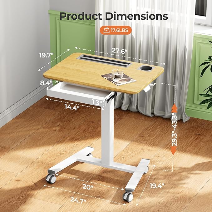Mobile Standing Desk with Drawer 28 Rolling Desk with Cup Holder and Hooks Portable Laptop Workstation on Wheels Height Adjustable Cart with Storage for Home Office Maple