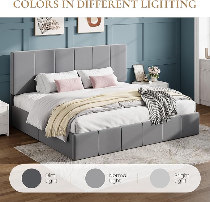 SHA CERLIN King Size Bed Frame Velvet Upholstered Platform Bed Vertical Channel Tufted Adjustable Headboard Low Profile Bed Frame No Box Spring Needed Easy Assembly Grey