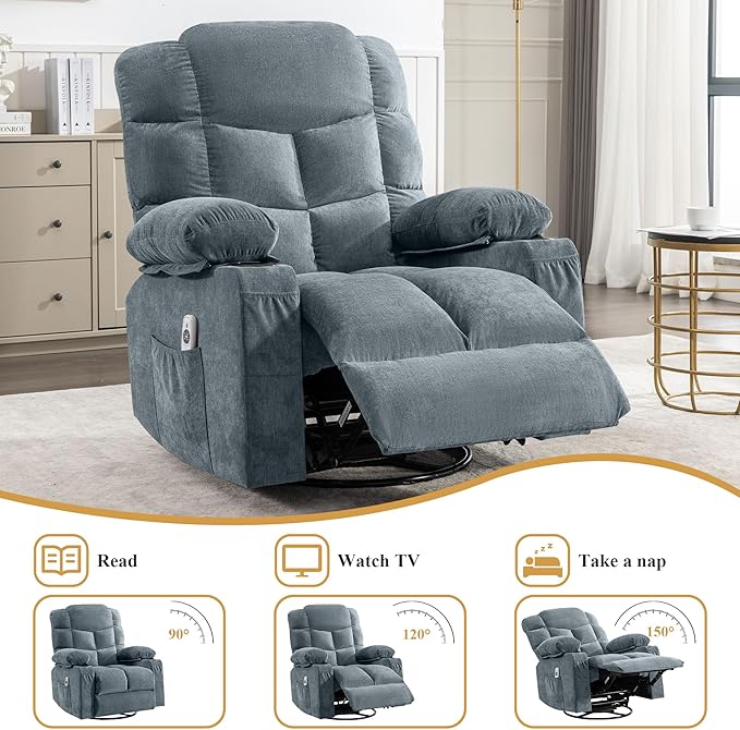 Oversized Massage Swivel Recliner Chair with Lumbar Heating for Living Room Rocker Recliner Single Sofa with Cup Holders and USB Charge Port Large Big Chair Recliners for Adult