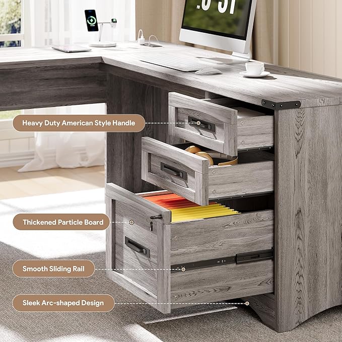 L Shaped Farmhouse Executive Desk with Drawers 67 Home Office Desks with Fast Charging Station Lockable File Cabinet Wood Writing Computer Desk for Work Study Grey