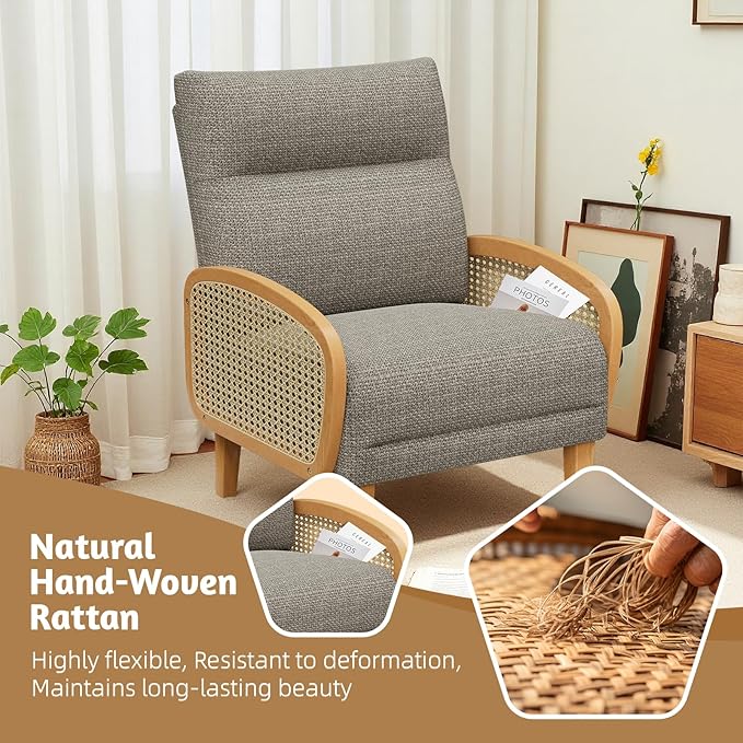 Rattan Accent Chairs Set of 2 Arm Chair with High Resilience Cushion Armchair with Sturdy Ash Wood for Living Room Brownish Gray