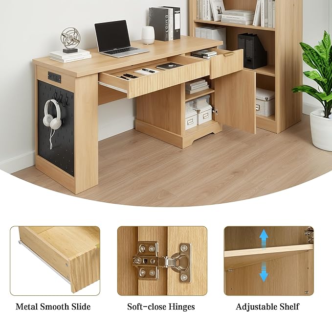 55 Modern Fluted Office Desk with Storage Cabinet &amp Drawers Computer Writing Desk with Power Outlet Pegboard Built-in Shelves and Keyboard Tray for Study Living Room Home Office (Oak)