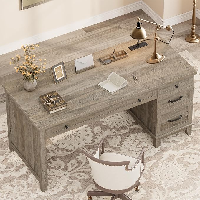IDEALHOUSE Rustic Wood Double Desk with Built-in Charging Station &amp 4 File Drawers Spacious 2-Person Writing Table for Home Office Heavy-Duty Dual Workstation for Study &amp Work Gray