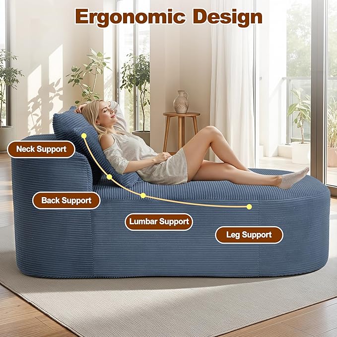Chaise Lounge Chair Indoor 67.5 Oversized Boneless Couch Could Comfy Upholstered Sleeper Sofa Bed Corduroy Plush Modern Curved Floor Sofas Chair with 2 Pillows for Readng Living Room Bedroom Apartment