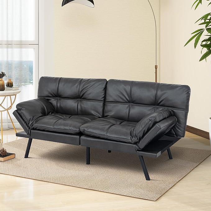 MUUEGM Futon Sofa Bed Convertible CouchMemory Foam Futon Sofa CouchSleeper Futons Sofa CouchesSmall Splitback Modern Loveseat Sofa Bed for Living RoomOfficeApartmentFaux LeatherMatte Black.
