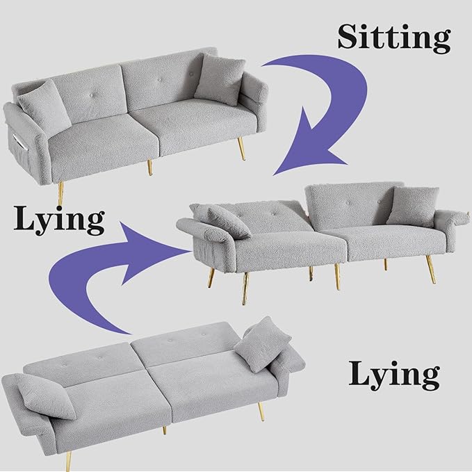 69.5 Grey Convertible Futon Sofa Bed with Adjustable Backrest and Armrests Teddy Upholstered Loveseat Sleeper Couch with 2 Pillows and Metal Legs Love Seat for Guest Room Living Room (Grey)
