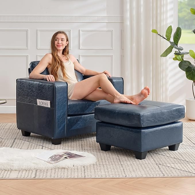 TYBOATLE Oversized Accent Chair with Ottoman Wide Chaise Lounge Chair Indoor Mid Century Modern Armchair with Pockets Leather Comfy Chairs for Bedroom Living Room Office (Blue)
