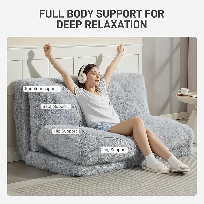 HOMCOM Bean Bag Chair Floor Sofa Bed for Adults Thick Long Folding Sofa Bed 54 x102 in Wall Couch Sleeper Chair Floor Mattress for Living Room Light Gray