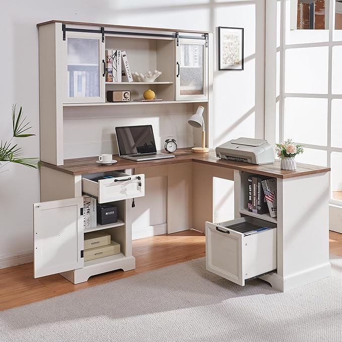 60 Farmhouse L-Shaped Executive Desk with HutchSecretary Desk with HutchCharging StationLockable Drawer Adjustable File Cabinet &amp Shelves for Home Office