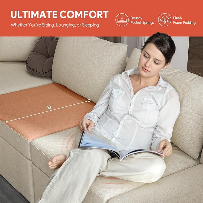 VOLUNCE Modular Sectional Sofa Convertible U Shaped Couch with Storage Ottoman Throw Pillow 4 Seat Sofa Set with Double Reversible Chaises Sectional Sleeper Sofa Bed for Living Room Beige