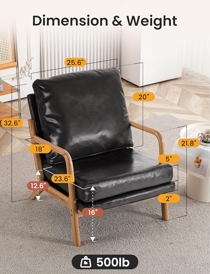 Mid Century Modern Accent Chairs for Living Room 23” Wide Comfy Chair for Bedroom Small Cozy Leather Reading Chairs for Adults 108° Lounge Arm Chair Indoor with Detachable Cover 5.5 Foam Cushion