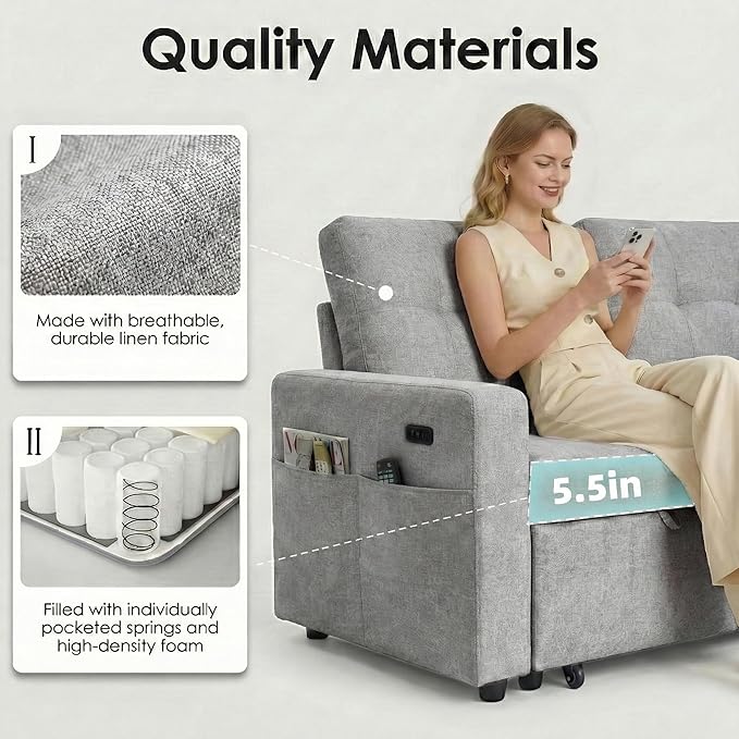 Convertible Sleeper Sofa Bed with Pull Out Couch L Shaped Couch with Chaise Storage USB Charge &amp Side Pocket Small Sectional Couches for Living Room Apartment | Linen Fabric | 82 | Light Grey
