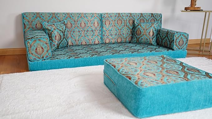 arabicsofa Turquoise Arabic Floor Cushion – Jalsa Sofa Set with Pillows Traditional Oriental Floor Seating Sofa Ottoman Couch