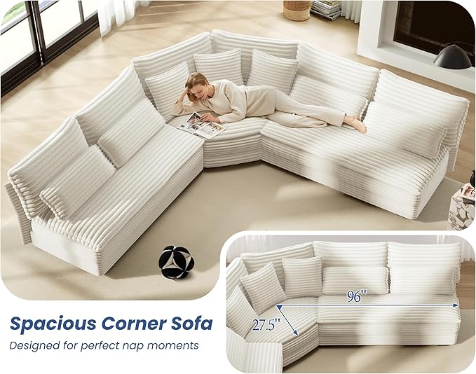 5-Seater Sectional Couch 102 L-Shaped Corner Sofa Oversized Corduroy Cloud Couch with 2-Layer Cushions for Living Room Aparment (White)