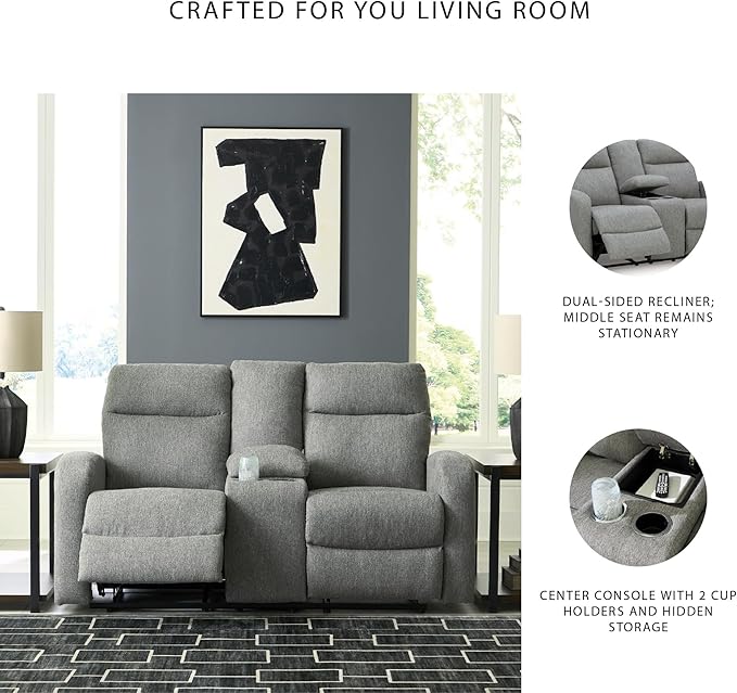 Signature Design by Ashley Carrigan Lane Classic Manual Pull Tab Dual Sided Reclining Loveseat with Console and Storage Gray