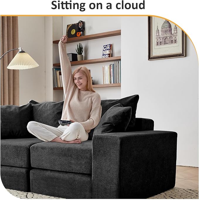 Modular Sectional Loveaeat Cloud Sofa Boneless Couch with Non Slip Base Cozy Sleeper Sofa for Customizable Living Spaces Modern Modular Couch with L-Shape Chaise Deep Seat &amp No Assembly Black