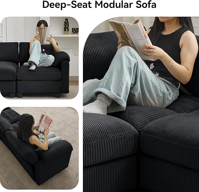 87'' U-Shaped Sectional Sofa with Ottoman 5-Seater Modular Couches for Living Room Corduroy Deep Seat Cloud Sofa with Center Stitched Black
