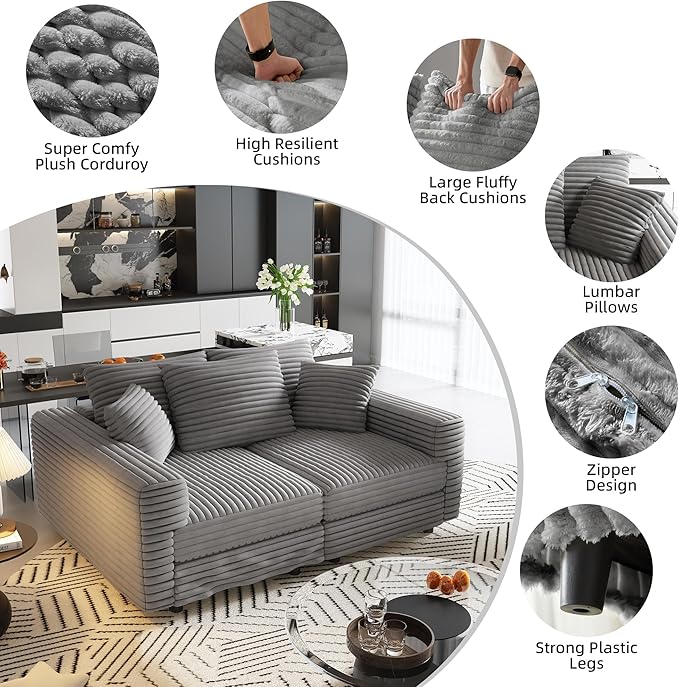 Cloud L Shaped Couch Modular Sectional Sofa 3 Seater Corduroy Cloud Sofa Couch with Ottoman 82.7'' Oversized Chaise Lounge Sleeper Sofas Deep Seat Sectional Couches for Living Room Grey