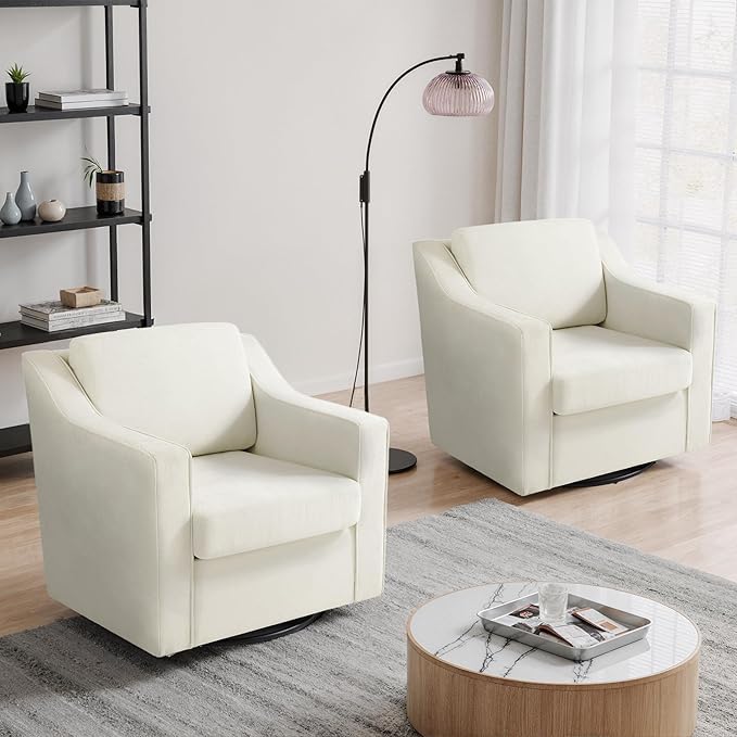 UIXE Swivel Accent Chair Chenille Upholstered Armchair for Living Room Comfy Single Sofa Bedroom Reading Seat with Lumbar Pillow - Beige