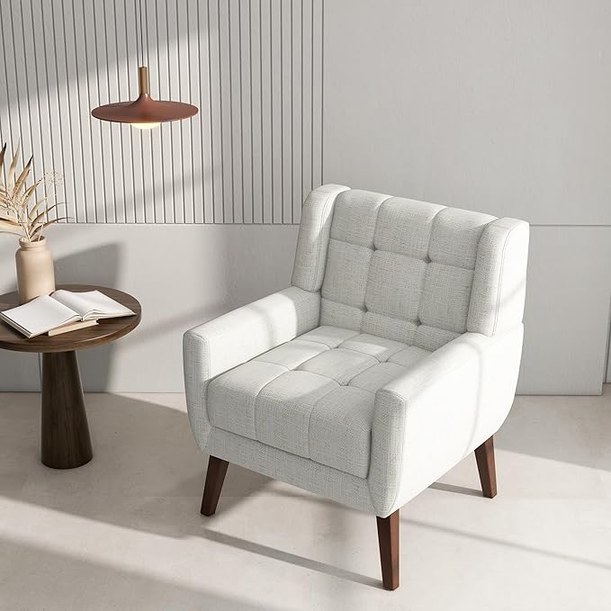 Accent Chair Comfy Mid Century Modern Small Armchairs with Solid Wood Frame and Soft Cushion for Living Room Bedroom (Fabric Beige Set of 2)