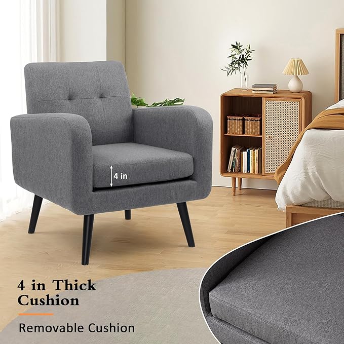 LSSPAID Modern Accent Chairs Upholstered Fabric Cozy Armchairs Living Room Side Chair with Solid Wood Legs Gray