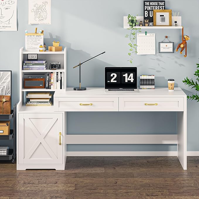 60 Computer Desk with Drawers &amp Bookshelves Home Office Desk with Storage Cabinet &amp Spacious Desktop Writing Gaming Study Table with Bookcase White