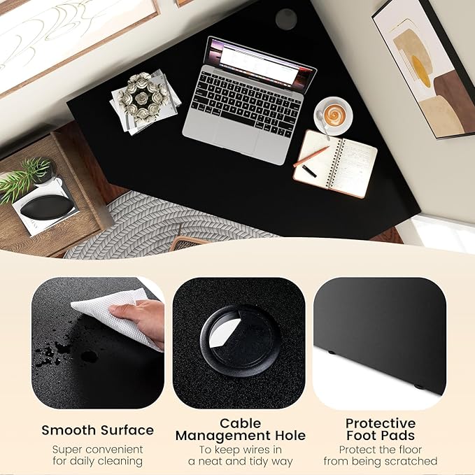 GOFLAME Corner Desk with Storage Shelves Triangular Computer Desk with Cable Management Holes Laptop Workstation for Small Space Makeup Vanity Desk for Living Room Study Black