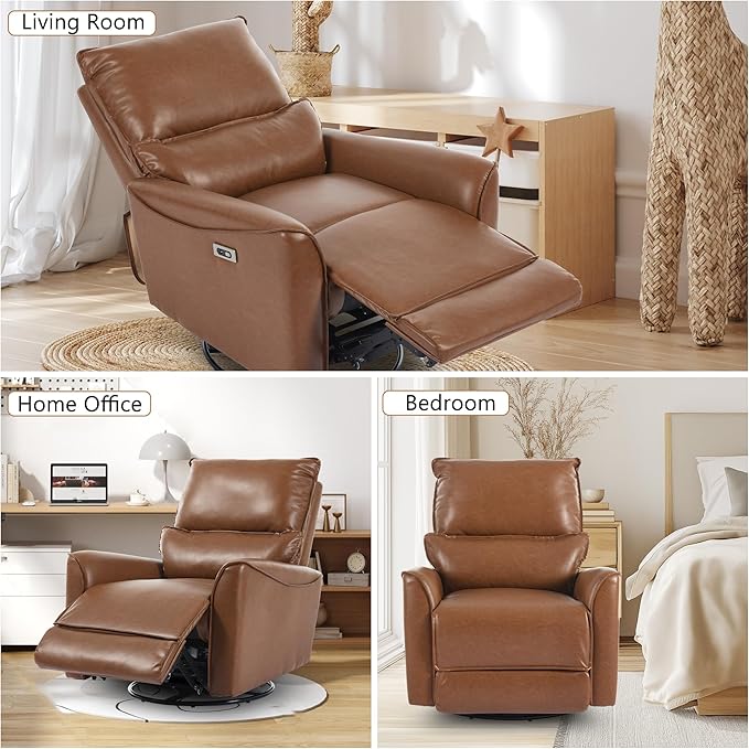 Power Swivel Rocking Recliner Chair for Nursery PU Leather Glider Rocker Recliner for New Parents Modern Small Recliners for Small Spaces/Living Room/RV Brown