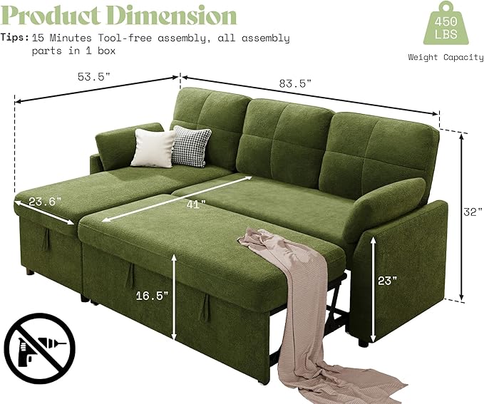 AMEILIFE Sofa Bed Sleeper Sofa with Storage Chaise Convertible Sofa Bed with Pull Out Couch l Shaped Couch for Living Room-Green Linen