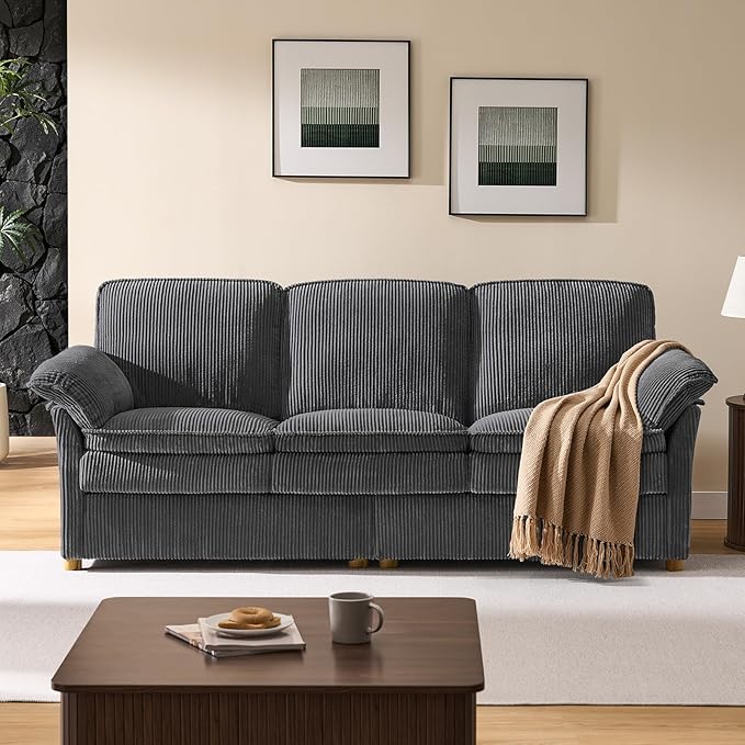 ONBRILL 86.6 Corduroy Couches for Living Room Comfy 3 Seater Sofa with Pillow-Top Armrest &amp Dual-Layer Cushions Mid Century Modern Couch for Bedroom Apartment Grey