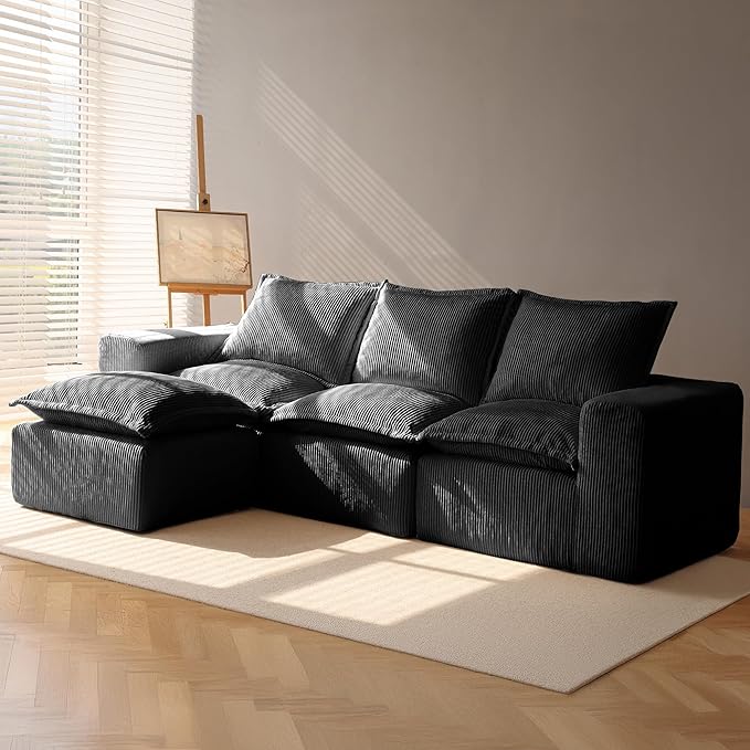 107 Boneless Comfortable Couch with Chaise L Shaped Modular Sectional Couches for Living Room Grey Corduroy Sofas with Ottoman Compressed Sofa in a Box No Assembly Required