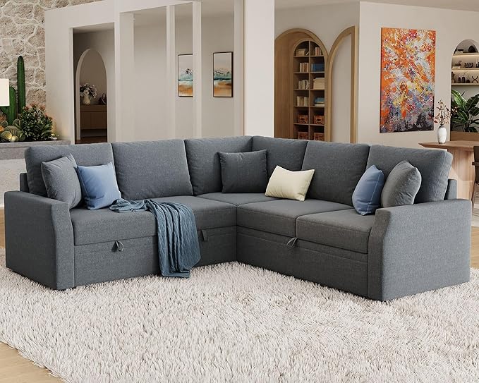 Jocisland Sofa Bed 85 Inch Sleeper Sofa with Pull Out Bed &amp Storage Seat Oversized L Shape Sectional Sofa for Living Room Apartment Grey Linen Reversible Couch