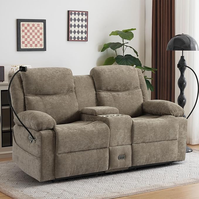 Manual Reclining Loveseat Sofa with Console Chenille Upholstered Couch for RV Living Room Apartment or Office Dual Recliners with Cup Holders Phone Holder Hidden Socket (Camel)