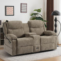 Manual Reclining Loveseat Sofa with Console Chenille Upholstered Couch for RV Living Room Apartment or Office Dual Recliners with Cup Holders Phone Holder Hidden Socket (Camel)