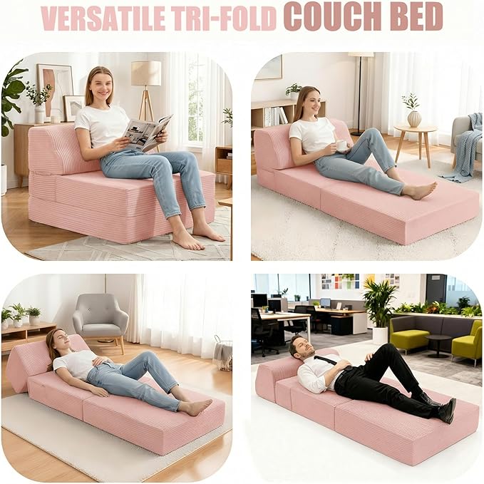Folding Sofa Bed with Pillow Memory Foam Fold Out Chair Bed Convertible Sleeper Chair with Washable Cover Futon Floor Couch for Living Room/Dorm/Guest Use/Home Office/ApartmentPink
