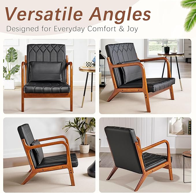 VECELO Mid-Century Modern Accent Chair with Faux Leather Cushion &amp Solid Wood Frame Lounge Armchair for Living Room Bedroom Office Black