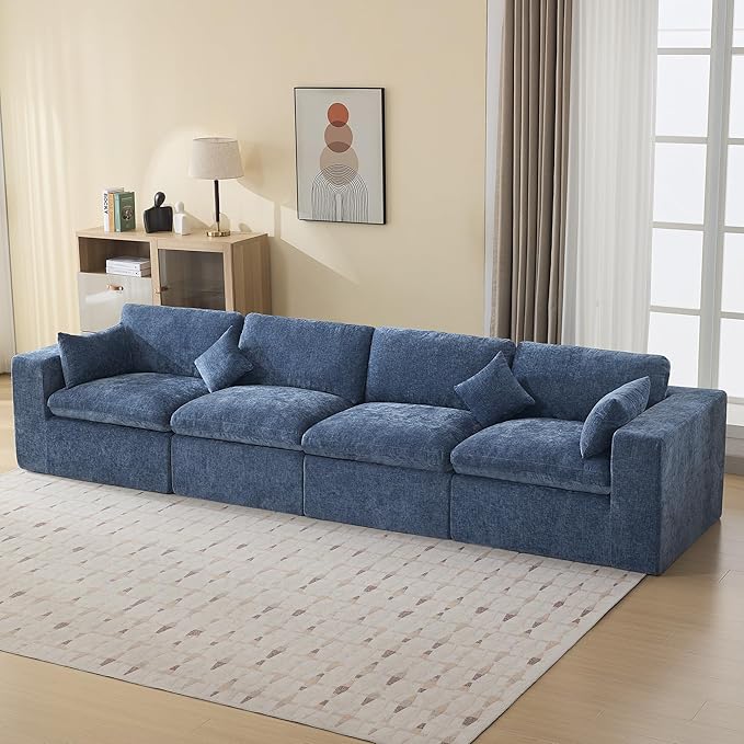 155''Cloud Boneless Sectional Couch Modular Sectional Sofa Deep Seat Oversized Upholstered Convertible Comfy 4 Seater Chenille Memory Foam Sofa Couches for Living Room Blue