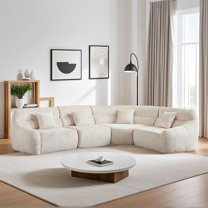 123 Oversized Boneless Chenille Curved Corner Sectional Sofa Modern Luxury 4 Pillows Modular Cloud 4-Seater Sofa High-Back Couch for Living Room (Beige)