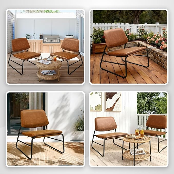 DAICO Modern Accent Chair Waterproof Armless Sling Accent Chairs Comfy Upholstered Side Sitting Chairs with Metal Frame for Living Room Bedroom Balcony Garden Faux Leather Camel