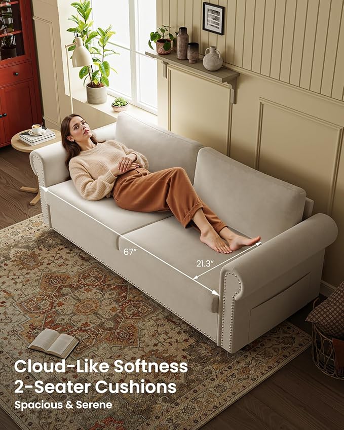 Queen Pull Out Sofa Bed | 83 Large Sleeper Sofa with Queen Size Mattress | 2-in-1 Convertible Loveseat Sofa-Bed with USB Ports Side Pockets Ivory White