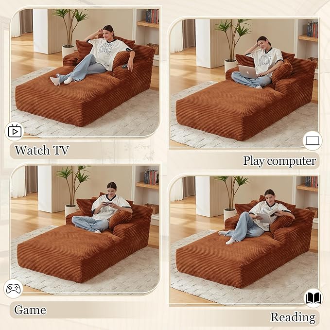 80 Inch Oversized Chaise Lounge Chair IndoorBoneless Corduroy Sofa Bed with Spring CushionDeep Seat Cloud Couch and Reading LoungerSoft Sleeper Sofa for Living RoomNo Assembly Required (Orange)