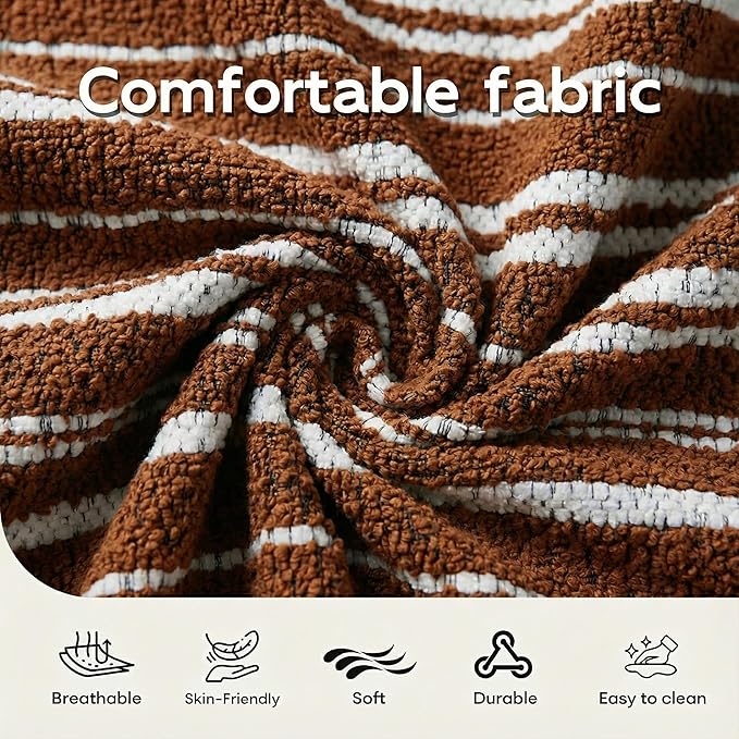 Chenille Accent Chair with Lumbar Pillow Brown Stripe Wide Armrests Deep Seat 7 Inch High-Density Foam 350 lbs Capacity