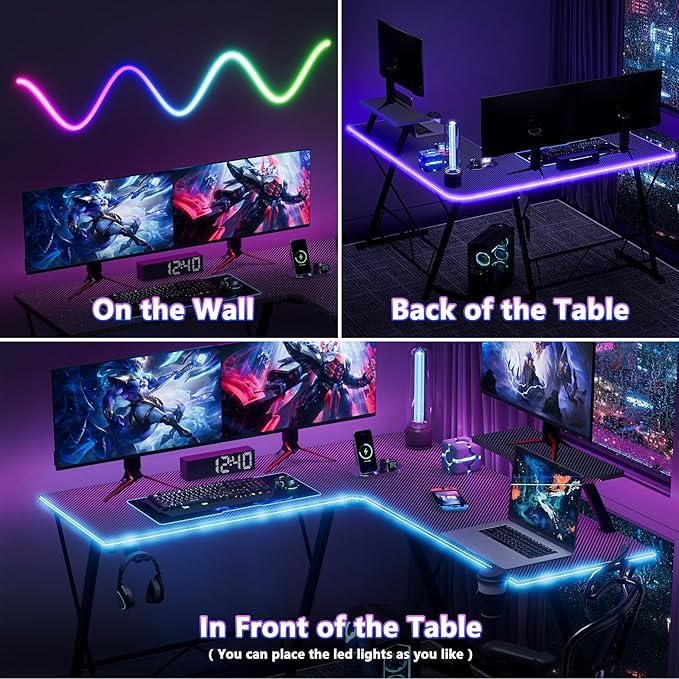 Mr IRONSTONE Gaming Desk with LED Lights L Shaped Desk Corner with Cup Holder &amp Headphone Hook Computer Desk Home Office Desks with Large Monitor Stand Carbon Fiber Surface Black 51 Inch