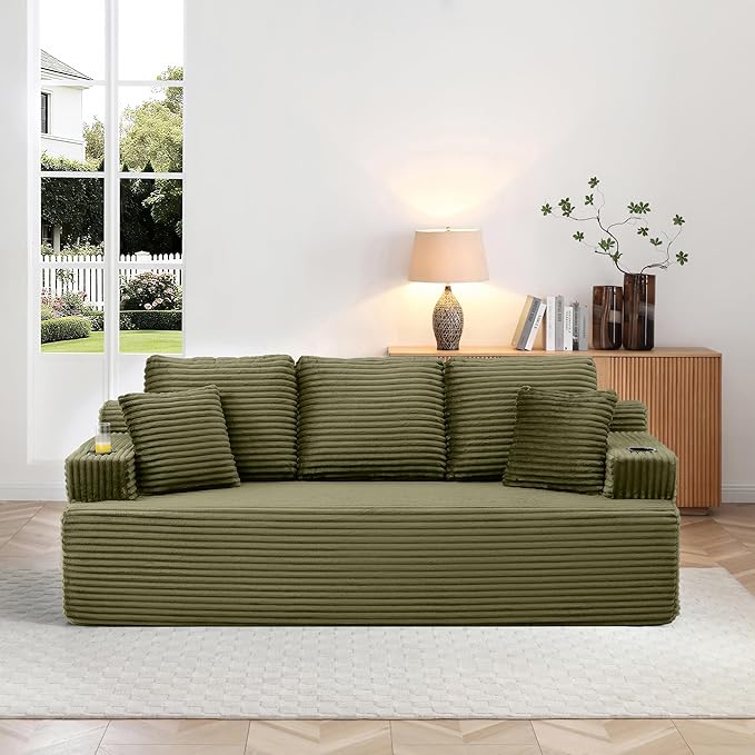Eafurn Floor Loveseat Boneless Sofa Couch in a Box with Cup Holder and Side Pockets 3 Seater Comfy Corduroy Upholstered Foam Couch with Deep Seating for Living RoomNo Assembly | Breathable material